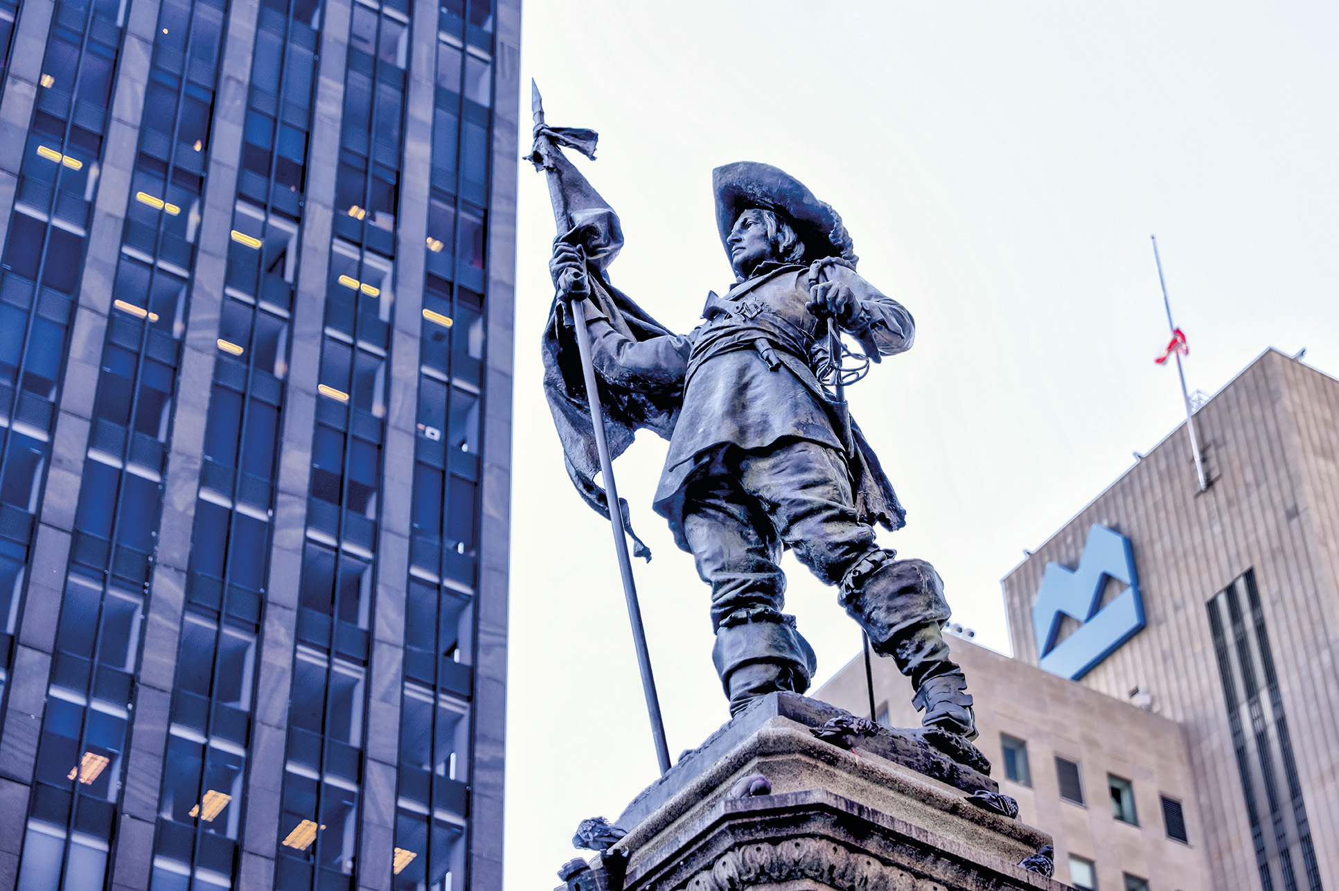Monument and statue of Paul Chomedey de Maisonneuve by Louis-Philippe Hébert in Place D’Ames Montreal unveiled on July 1, 1895.